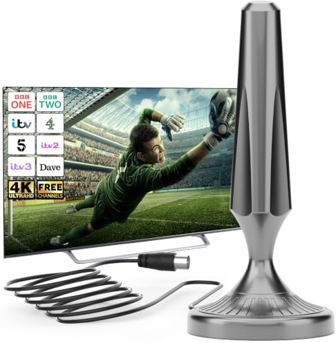Indoor TV Aerial Magnetic Base, TV Aerial for Smart TV, Digital TV Aerial Indoor Compatible with All Televisions, 360° Reception, Supports 4K 1080P HD, 5m Coaxial Cable