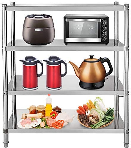 Happybuy Étagères INOX de Rangement de Cuisine,Capacité de Charge Lourde 150kg,Table à Épices à 4 Niveaux avec Accessoires d'Assemblage Meuble pour Cuisine/Garage/Atelier/Entrepôt/Balcon 122x48x150 cm