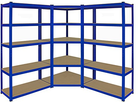 Corner Racking Unit & 2 Garage Shelving Units Extra Wide 5 Tier Heavy Duty T-Rax Storage Rack Steel Utility Metal & MDF Boltless 180 x 90 x 45cm and Rubber Mallet