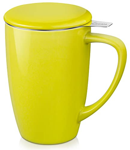 LOVECASA, Teetasse mit Teesieb aus Porzellan, Tasse mit Filter aus Edelstahl, 450 ml, Tasse mit Deckel, Grün