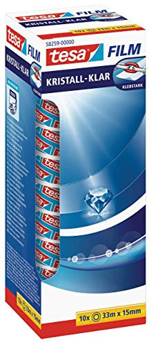 tesafilm Crystal Clear Nastro Adesivo Trasparente, Resistente all'invecchiamento e allo strappo, Extra forte e quasi invisibile, Confezione da 10 Rotoli, 33 m x 15 mm