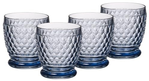 Villeroy & Boch Boston Coloured Becher Blue 4er Set, 330 ml, Farbige Trinkgläser mit Facettenmuster, Becher aus Kristallglas für Heiß- und Kaltgetränke, Spülmaschinengeeignet, Blau