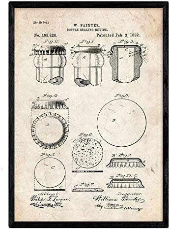 Nacnic Bierflaschenverschluss Patent Poster. Poster mit Erfindungen und alten Werkzeugen.