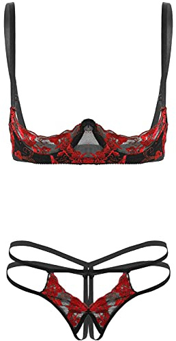 Aislor Damen Ouvert BH Hebe Brustfrei Dessous Set mit Nippel Covers Bügel Transparent Bra Push Up + Offener Schritt String Nippelfrei Lingerie A Rot Einheitsgröße