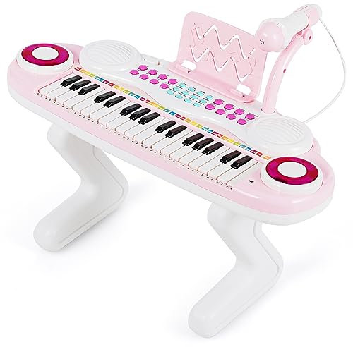 COSTWAY Piano Elettronico a 37 Tasti per Bambini, Tastiera Elettronica con Microfono e Luci, 8 Ritmi e 8 Strumenti, Funzioni di Record e Playback, Pianoforte Giocattolo per Ragazzi 3+Anni (Rosa)