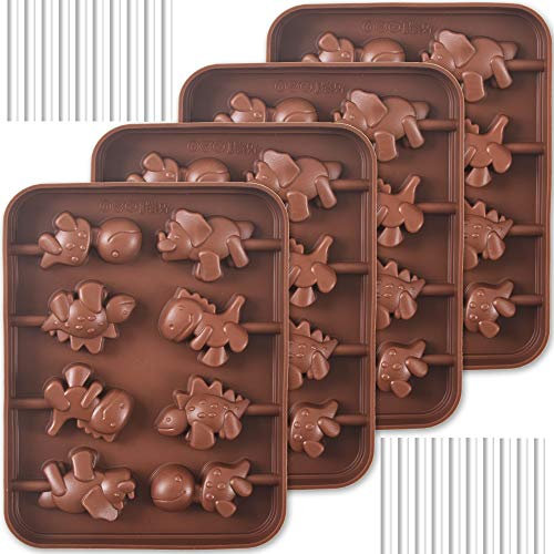Newk Lot de 4 moules à sucettes en silicone anti-adhésif en forme de dinosaure pour sucettes, chocolats, bonbons