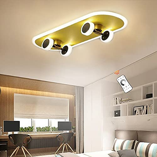 FUMIMID Skateboard Deckenleuchte Modern Cartoon Kinderlampe Dimmbar Deckenlampe LED 32W Acryl Kronleuchter Jungen Mädchen Schlafzimmer Kinderzimmer Kindergarten Deckenbeleuchtung Gold,A