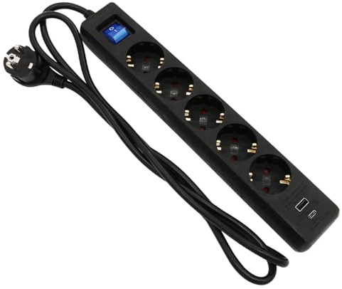 ARLI 1,5m Steckdosenleiste 5 Fach schwarz mit USB Ladebuchsen USB-A USB-C Schalter Mehrfachstecker Kinderschutz Überspannschutz flachem Winkelstecker Schutzkontakte 5-Fach Mehrfachsteckdose Steckdose