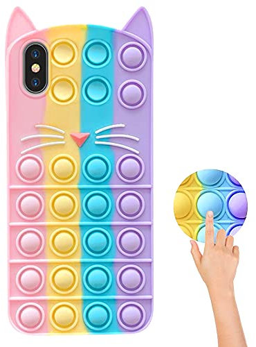 ISAKEN Phone Case with Cute Cat Ears for iPhone XS Max, Push Pop Bubble Sensory Toy Stress Reliever Colorful Soft Silicone Protective Cover