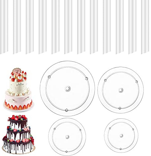 Aohcae 20cm Tortenständer Set, 4 Tortenplatte Kunststoff mit 12 Stück Kunststoff Tortendübel, Tortenstützen für Mehrstöckige Torten für Hochzeitstorte und Geburtstagsfeiern Dekoration