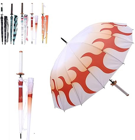 ZNLVZSH Dämonentöter Samurai-Regenschirm, Anime Cosplay Ninja Katana Sonnenschutz-Regenschirm 16 Knochen 210T wasserdicht winddicht stark 1: 1 Anime-Griff 3D-Druck 106 cm, Rengoku Kyoujurou