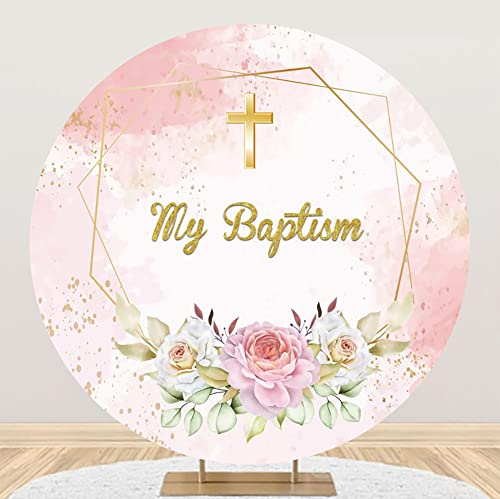 Renaiss 6.5x6.5ft My Baptism Round Backdrop for Girls Pink Flowers First Communion Photography Background Polyester Fabric Party Decorations Newborn Baby Shower Birthday Photo Props