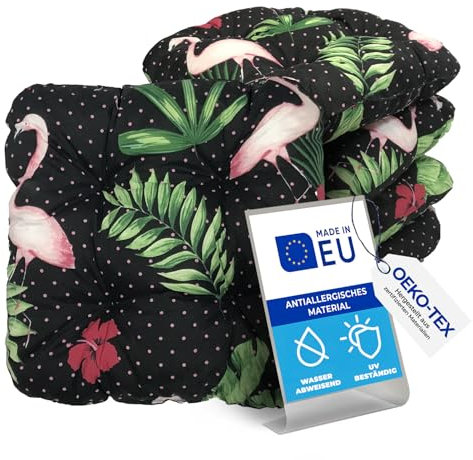 Pillows24 – 4X Sitzkissen Outdoor 40x40 – Extra Dicke 8cm – Wasser- & UV-beständig + Bändern | Bequeme Stuhlkissen, Stuhlauflage Sitzpolster, Sitzauflage Gartenstuhl | Sitzkissen Stuhl (Flamingos)