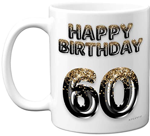 60th Birthday Gift for Men - Black Gold Glitter Balloons - Happy Birthday Mug Present for 60 Year Old Dad Brother Grandad Uncle Friend, 11oz Ceramic Dishwasher Safe Coffee Mugs Cup