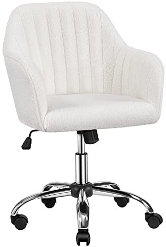 Yaheetech Chaise Bureau Chaise Coiffeuse Fauteuil Inclinable Rotative à 360° Chaise d'Ordinateur en Tissu pour Chambre Bouclette Recouverte Ivoire