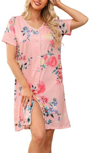 Lovasy Chemise de Nuit Femme Coton Nuisette Sexy Manches Courtes Robe de Nuit Bouton Devant Babydoll Grande Taille Vêtements de Nuit Col en V avec Poches Latérales B Rose-Fleurs XL