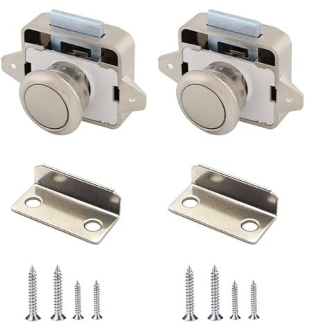2 Pièces Bouton Poussoir Serrure, Bouton Poussoir Loquet, Poussoirs Camping Car, Serrure à Poussoir Loquet Bouton, pour Tiroirs, Camping-cars, Yachts, Portes de Placard (Nickelé)
