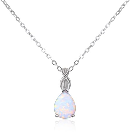 AILUOR Colliers d'Opale blanche pour femmes, plaqué or rose pendentif 11mm en pierres précieuses rondes Collier de pierres de naissance d'octobre pour femmes Cadeau pour Femme