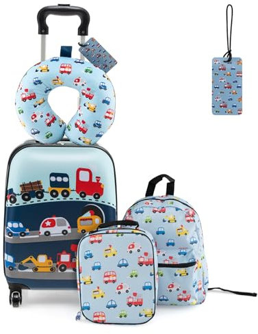 DREAMADE 5tlg Kinderkoffer Set, Kinder Reisekoffer mit Rucksack, Nackenkissen, Lunchtasche & Kofferanhänger, Reisetrolley mit Rollen für Kinder ab 3 Jahren, 30 x 23 x 46cm (Blau-Auto)