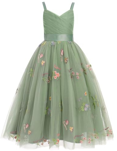 IDOPIP Vestido Largo de Encaje con Flores para Niña, Princesa, Boda, Dama de Honor, con Esfera, Bordado Floral, Escote en V Elegante, Verde, 13-14 Años