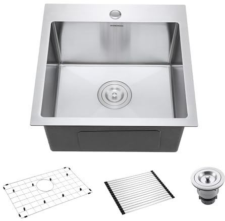18-Inch Bar Sink Drop-In, SINKVINE Stainless Steel Kitchen Sink for Laundry Outdoor, RV, Top Mounted with Deep Single Bowl, 3.5 Drain Strainer, Bottom Rise Grid, Roll-up Drying Unit, 18 x 18 inch