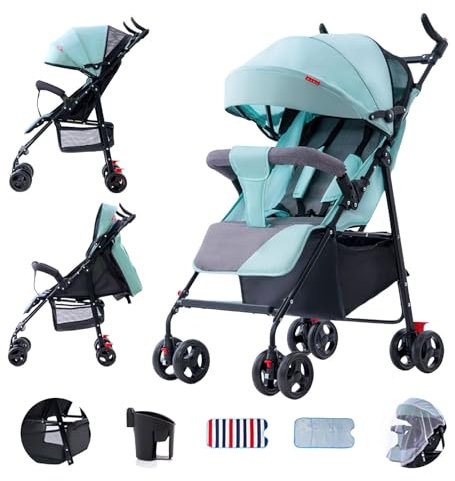 EagerMinds Kinderwagen, 0–3 Jahre, 0–25 kg, Buggy Klein, Zusammenklappbar, 3 Liegepositionen, Moskitonetz, Getränkehalter, 360° drehbares Pufferrad, Green