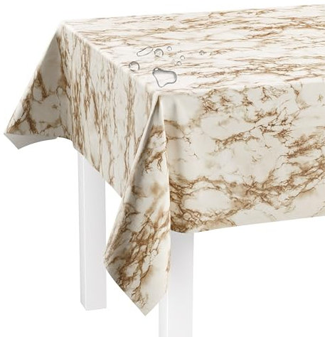 LILENO HOME Nappe lavable au mètre - 160 x 140 cm (bord coupé) - Motif marbre beige - Imperméable - Idéale comme nappe ou chemin de table pour bancs de bière