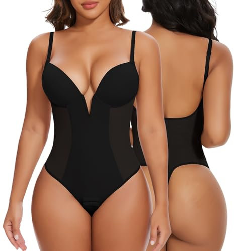 SHAPERIN Women Backless Body Shaper Tummy Control Thong Bodysuit Shapewear with Bra Deep V Neck Shaping Bodysuit, Black, M