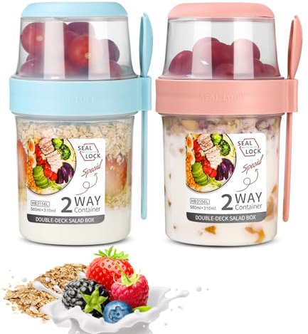 SinLaw Portátil Taza de Cereales 310+560 ml, Diseño de doble sello,2 en 1 Vasos yogurtera,Puede ser reutilizado,Vaso Cereales para Llevar (Pink+Blue(310ml+560ml)