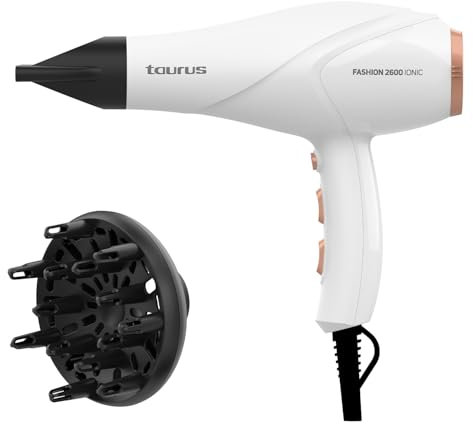Taurus - Secador Fashion Ionic | 2600W | Motor AC Profesional | Tecnología Iónica Anti Encrespamiento | Potencia Adjustable | 3 Niveles de Temperatura y 2 Velocidades | Concentrador y 2 Difusores