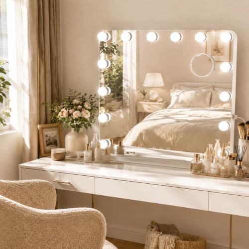 Clevich Schminkspiegel mit Beleuchtung 58x46cm Hollywood Spiegel mit Light | 3 Lichtfarben Dimmbar Touchscreen, USB-Anschluss, 10X Lupe, Tisch / Wand, Spiegel mit Beleuchtung fur Hollywood Vanity Setup