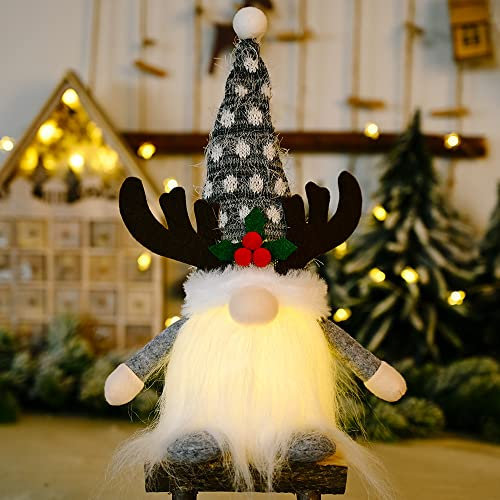 Light Up Christmas Gnome Decorations, Christmas Gonks with Light, Handmade Santa Gnomes Doll Lights Xmas Gnomes, Gonk Elf for Indoor Decorations Xmas Tree Holiday Office Table Decorations (Gray)