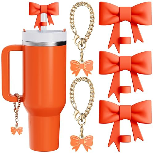 Compatible with Stanley Cup Accessories - 3 Pack 10mm Loop Straw Attachment Compatible with Stanley Cup Straw Cover Cap, 2 Orange Bow Tags for Stanley Cup with Handle with Handle