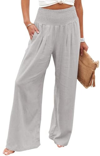 Imuedaen Leinenhose Damen Sommer Hose Casual Leinen Leicht Hosen Weites Bein Palazzo Freizeithose Hohe Taille Einfarbig Sommerhose Stoffhose mit Taschen (Grau, XXL)