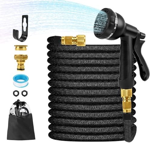 Gaethra Manguera Extensible 30m, Manguera Jardín Extensible 100FT, Mangueras Jardineria Flexible con Pistola Rociadora de 8 Funciones y Conectores de Latón de 1/2 y 3/4 Pulgadas, Negro