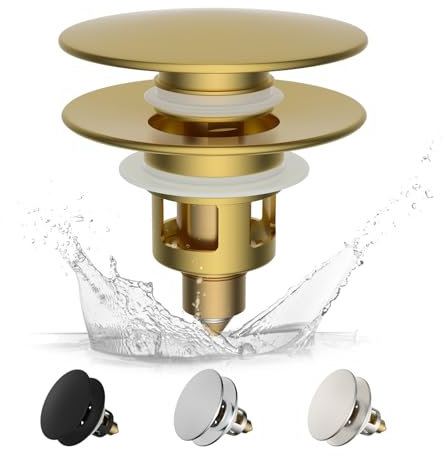 Hibbent Universaler Waschbeckenstöpsel (25-46mm), edeles Messing-Federkern-Druckventil,Pop-Up Abflusssieb Stöpsel für Waschbecken, Ersatz für Badewannen- und Küchensinkstopfen -Gebürstetes Gold