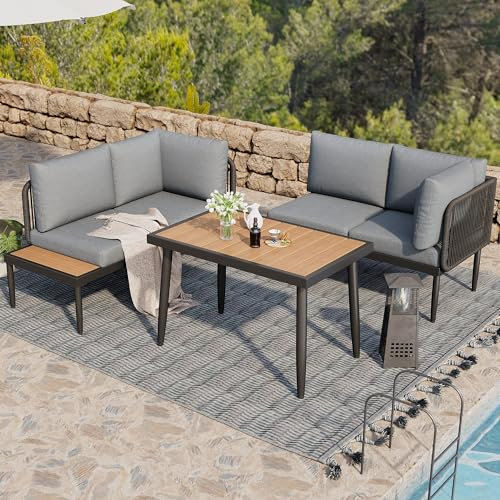 Merax Garten-Essgruppe 4-5 Sitze – Outdoor Ecksofa Set mit Esstisch – Wetterfestes Gartenmöbel Set mit Tischplatte aus Kunststoffholz, handgewebten Seil-Armlehnen & verzinktem Stahlrahmen – Grau