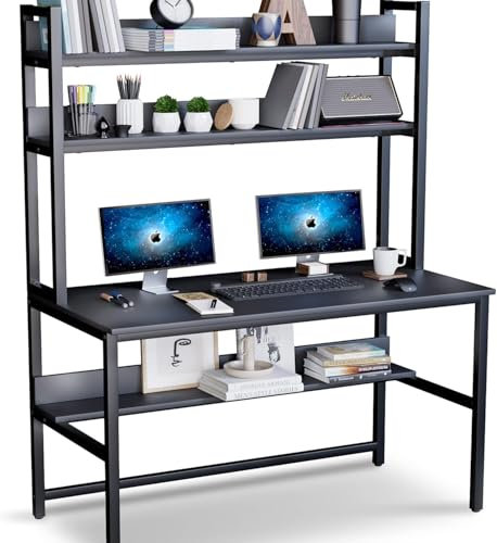 Aquzee Computer Desk with Shelves, 140 cm Black Gaming Desk with Storage, Bedroom Writing Study Table with Space-Saving Storage Shelves, Easy Assembly and All Hardware & Tools Included
