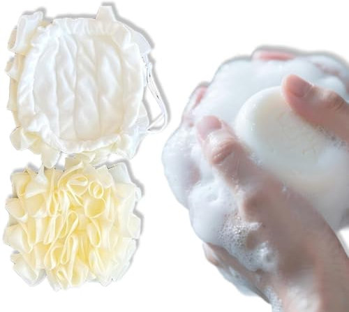 2 en 1 Fleur de Douche, Éponge de bain, Éponge Douche Corps pour Nettoyage, Exfoliation du Corps, Boules de Douche au Savon Emballables, Eponge de Douche avec Cordon de Serrage (2 pièces)