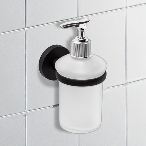 IPEA Porte-Distributeur adhésif Mural Noir – Pas Besoin de perçage – Design Moderne – élégant Porte-Bouteille Mural pour Savon Liquide à Coller dans la Salle de Bain, Douche, Maison – Support Auto