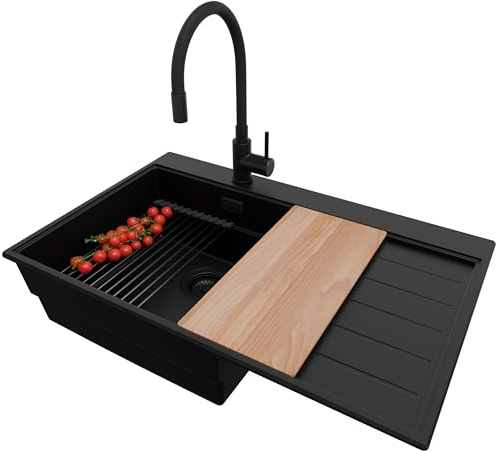 PRIMAGRAN Granitspüle ab 50er Unterschrank + Küchenarmatur, 78x50cm | Set: Küchenarmatur BW6020 + Ablauf-Set (Siphon, Ablaufgarnitur, Überlauf) + Spülbecken 1 Becken - Sydney Ergo, Alles Schwarz