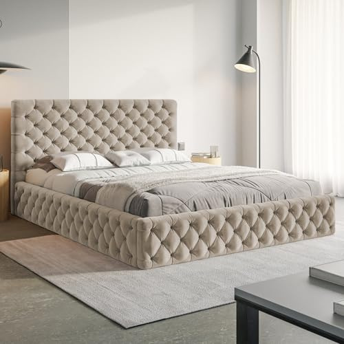 MOTIVENA Dalia Chesterfield Bett 180x200 Beige Samt, mit Stauraum, mit Kopfteil, mit Lattenrost, ohne Füße, ohne Matratze, Chesterfield Polsterbett 180x200 mit Bettkasten Beige