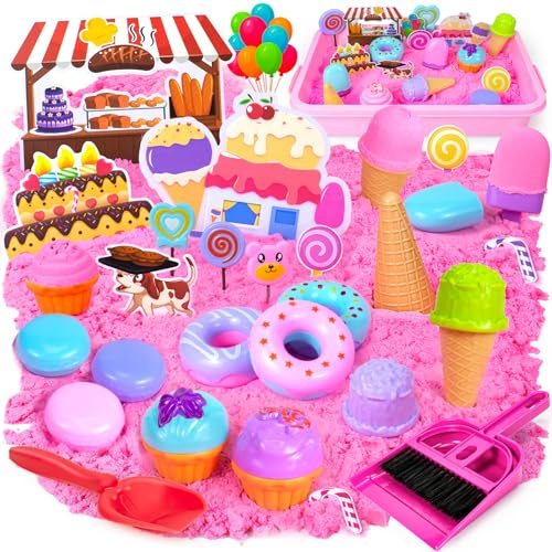 Tcvents Play Sand Kit for Kids, Ice Cream Sensory Bin Sandbox, Creative Bake Shop Magic Sand for Girl, Cake Models, Cleaning Tools, Pretend Beach Sand Toys Gift for Toddler Ages 3-8