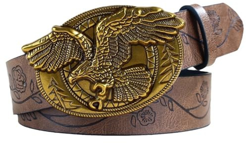 OBASDFD Herren-Westerngürtel Mit Druckknopf Und Geprägtem Blumenmuster, 38 Mm (1 1/2 Zoll), Ovale Goldene Schnalle Eingraviertem Adler