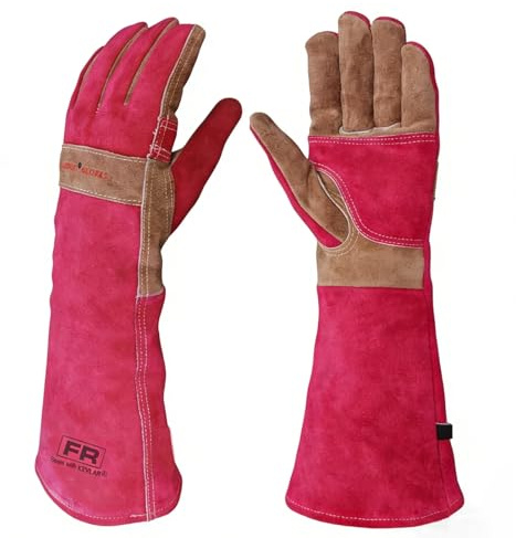 AOUCHI Grillhandschuhe und Schweißhandschuhe aus Rindsleder, langärmelig, feuerfeste und hitzebeständige Kaminhandschuhe für Grill, Schweißen Tig Mig, Kamin, Ofen, Backen, Herd (rosarot, X-Small)