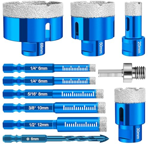 Brocas de diamante para azulejos 6mm, juego de 4 piezas M14 de 20/30/50/68mm + 6 piezas M6 de 6/6/8/10/12mm con vástago hexagonal + 1 adaptador M8, juego de brocas de diamante para azulejos para