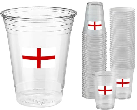 Komonee 50 x England Clear Cups 570ml (20oz) - Wide Rimmed Disposable Plastic Pint Glasses for World Cup, Football, Euros, Rugby, Parties & Adult Novelty