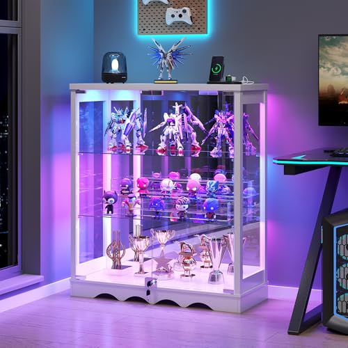 TAGELIER Glasvitrine mit LED-Beleuchtung & Verstellbaren Regalen | 3 Ebenen, Verstellbare Regale, Abschließbar, Glastüren, Für Figuren & Sammlerstücke, Kompaktes Design, Weiß