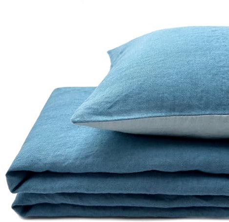 JOWOLLINA Natur Leinen Bettwäsche-Set Soft Washed Finish 180 g/m2 (Blue Harmony, 155x220 cm, 40x80 cm)