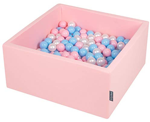 KiddyMoon Piscine à balles carrée, 90 x 40 cm, 300 balles de 7 cm de diamètre, pour bébé, avec balles colorées, fabriquée en UE, Rose : Bleu bébé, Rose, Perle, Transparent